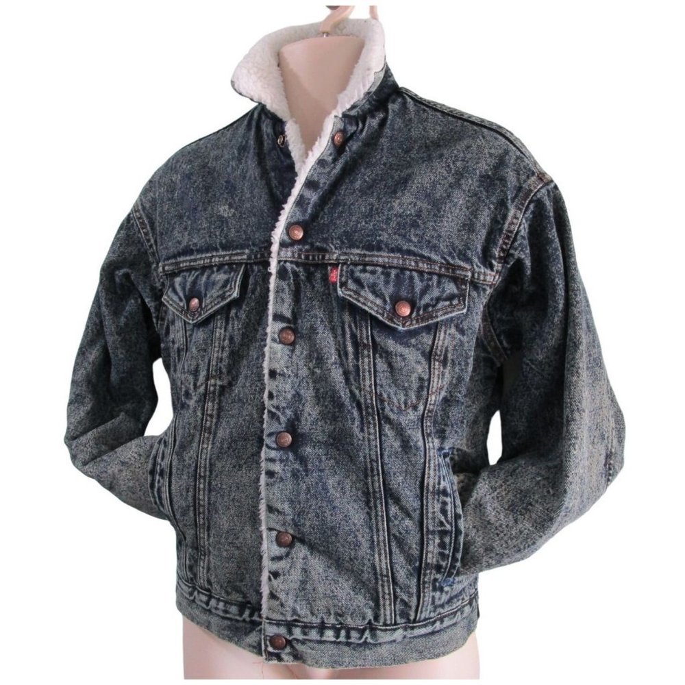 Levi's Denim Sherpa Trucker Jacket XS Red Tab Small e Distressed Acid Wash 1980s